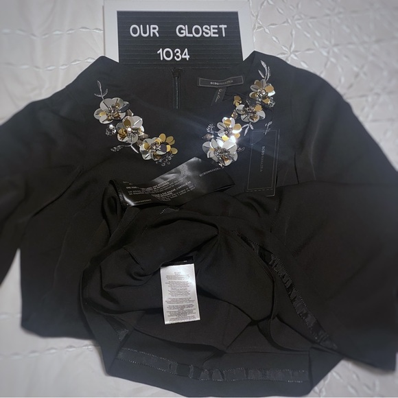 BCBGMaxazria NWT Black Cape style dress with Gold/Silver flower details - Picture 6 of 7